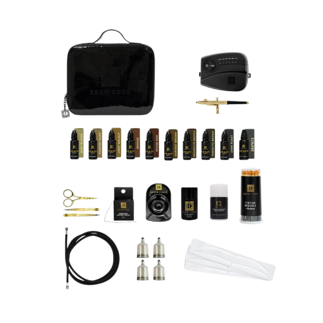 BROW CODE - Professional Stain Hybrid Kit with Airbrush machine, Eyebrow stencils &amp; liquid developer